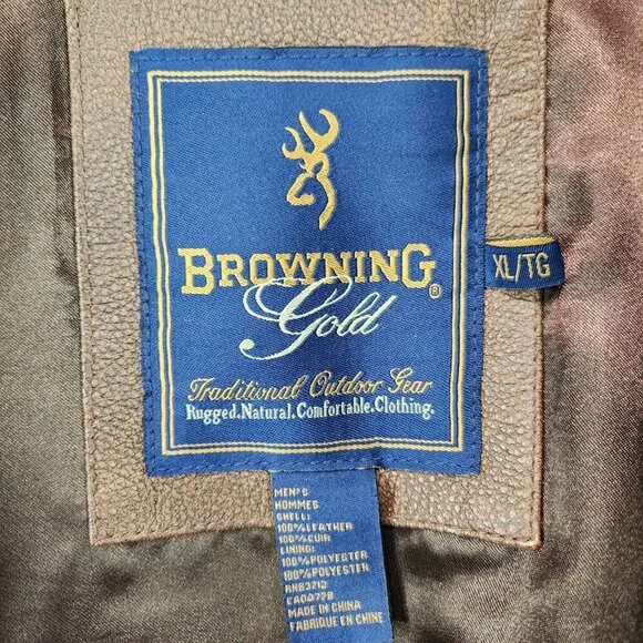 Vtg Browning Gold Brown Leather Jacket Men's XL TG Shoulder Patch Zip Logo